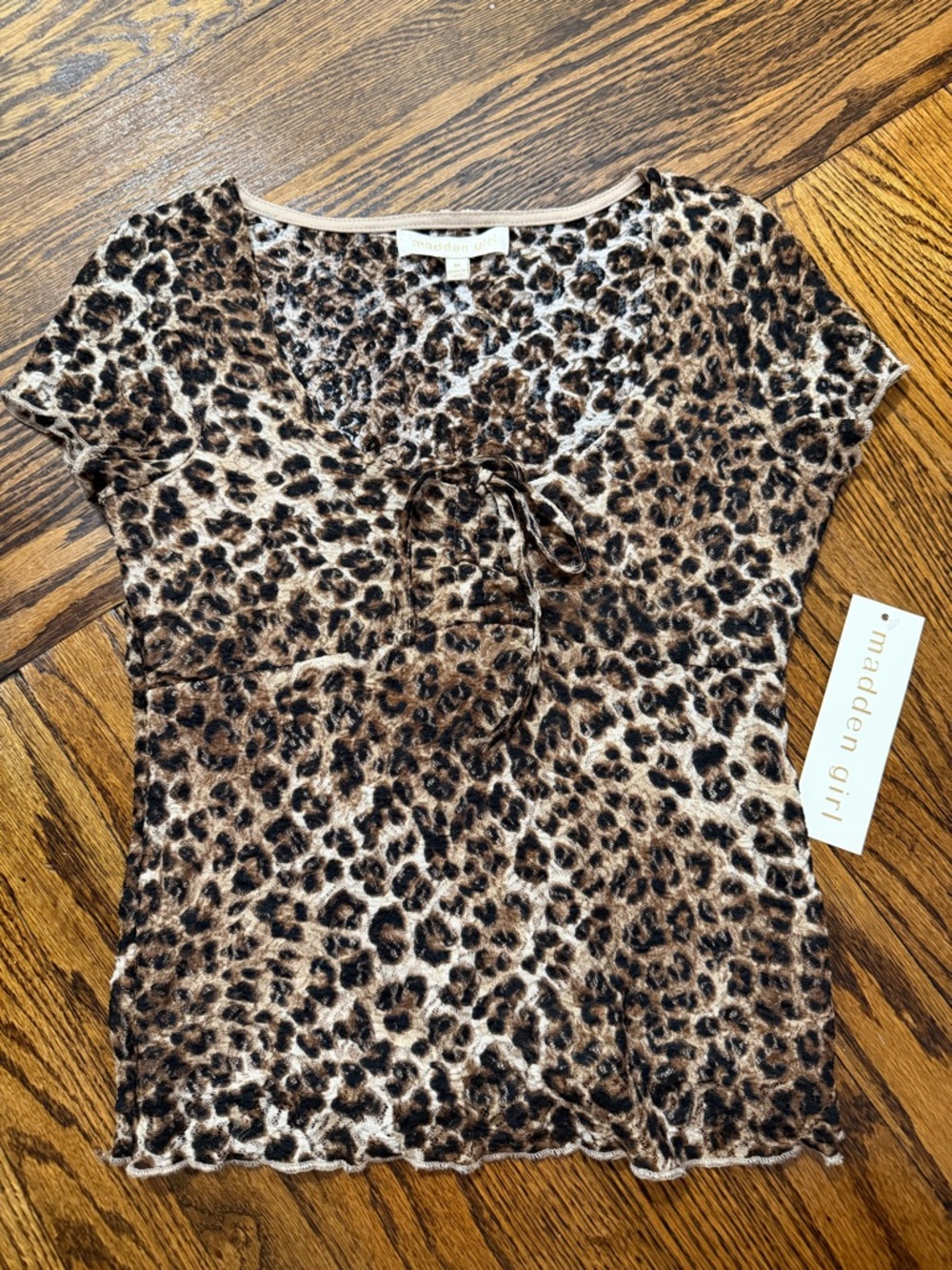 Madden Girl Leopard Tie-Front Short Sleeve Top - Brown, Black